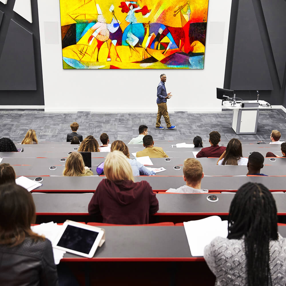 Edtech-driven classroom with students viewing mirrored screens creating a collaborative digital screen sharing experience